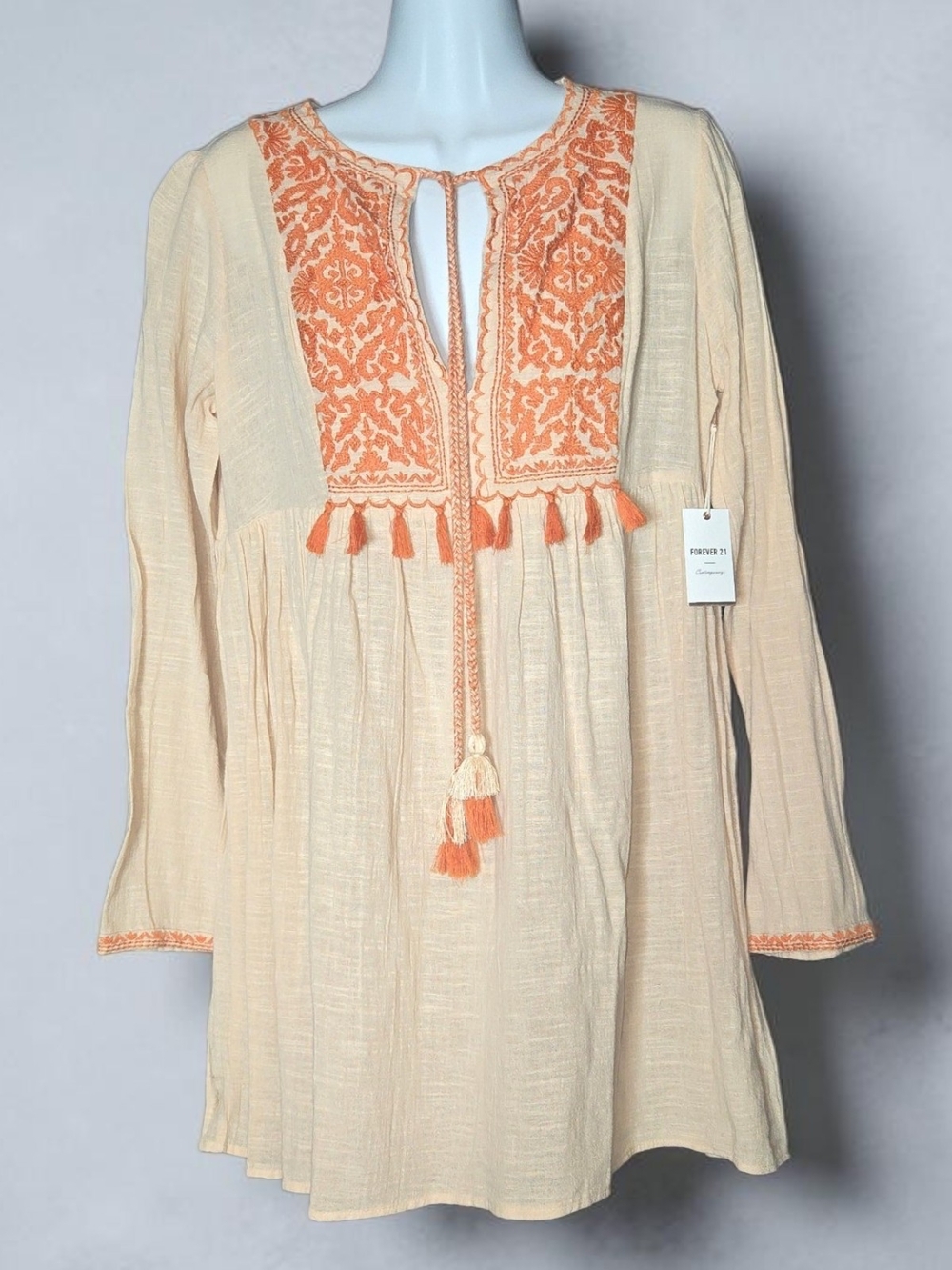 NWT Forever 21 Cream Mini with Orange Embroidered Yoke and Tassels